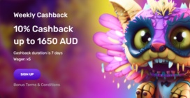 Weekly Cashback<br>10% Cashback up to 1650 AUD